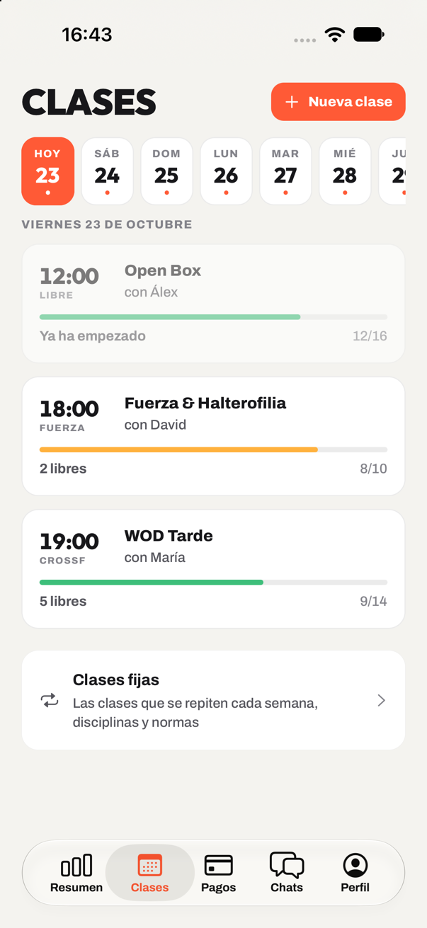 Clases del día en la vista del dueño