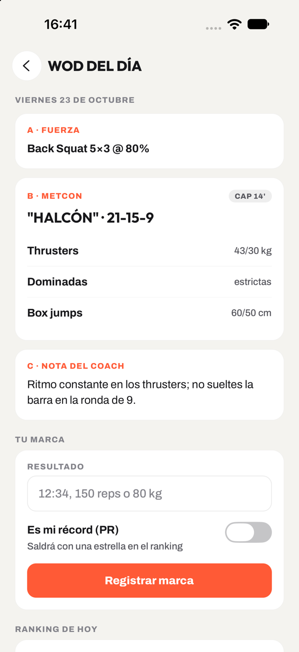 Entreno del día con fuerza, metcon y nota del coach